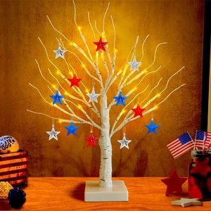 2 Trees - Lighted Birch Tree with 24Pcs Patriotic Tree Ornaments, 2 Ft Tall